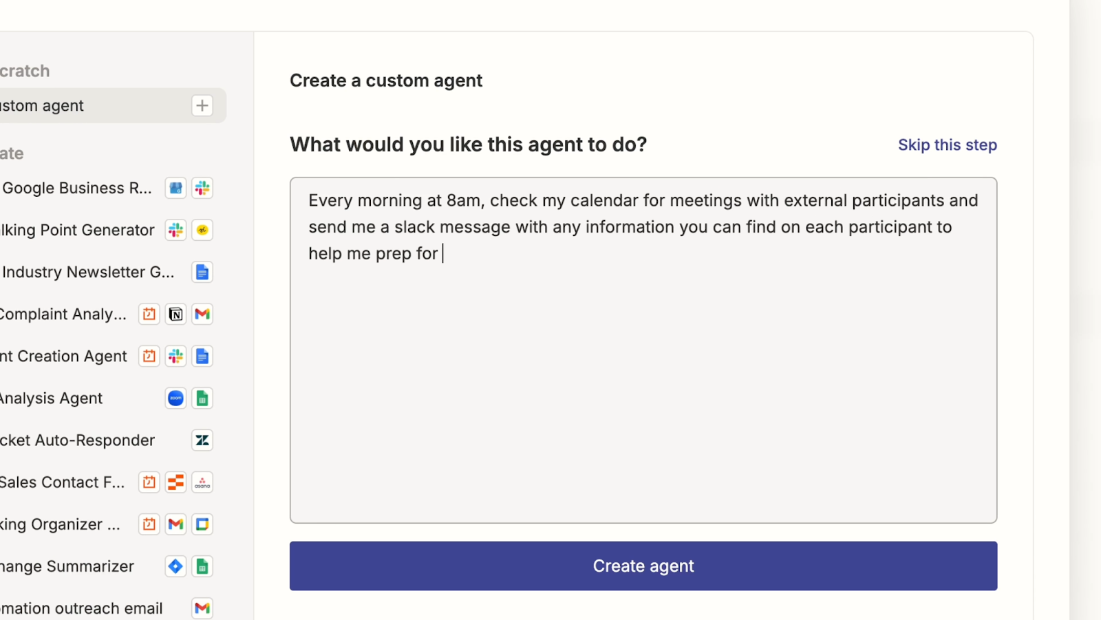 Zapier AI agent builder user entering AI prompt to task agent in white user interface