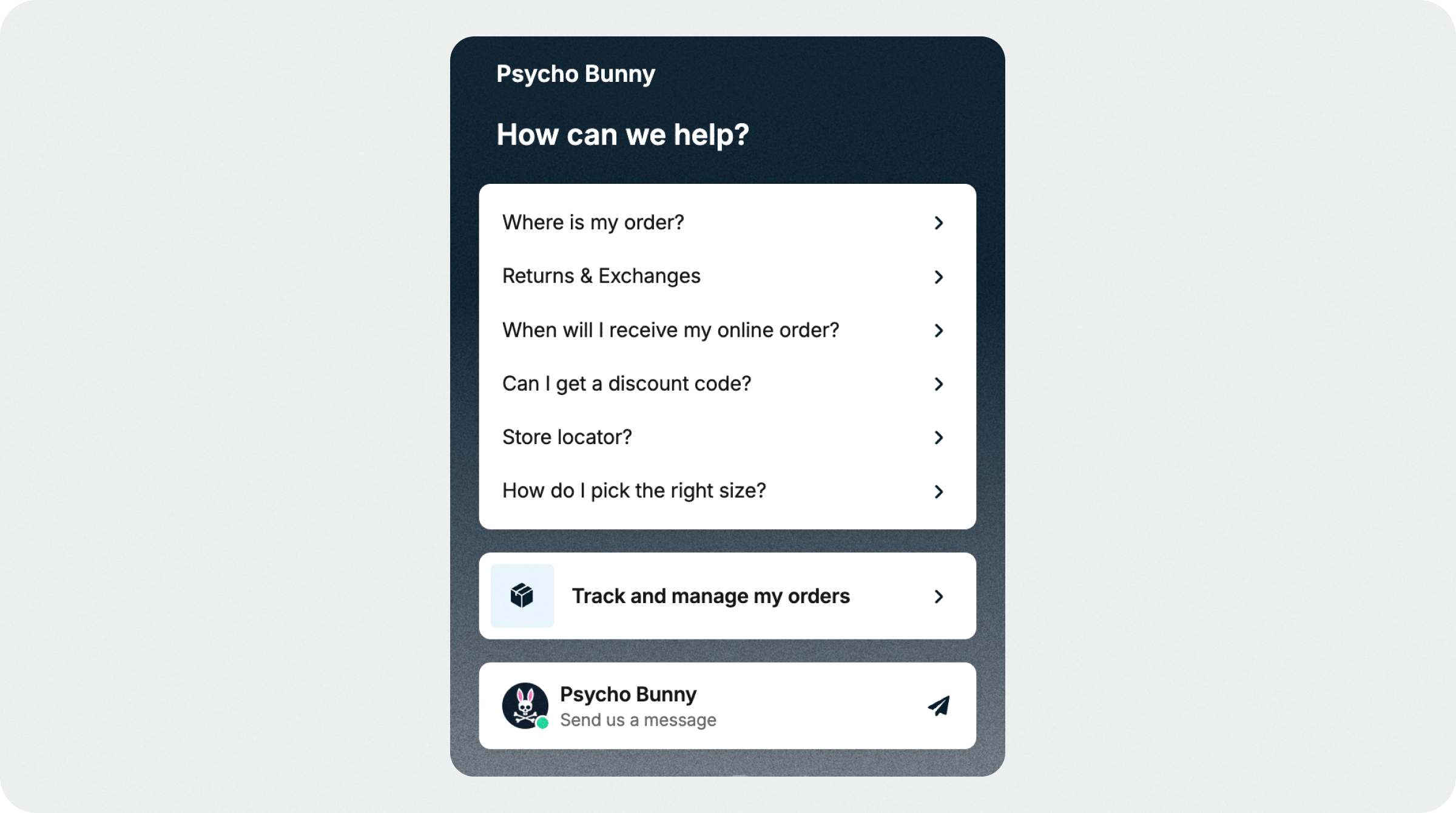 An ecommerce AI chatbot offers an FAQ menu to guide the service experience