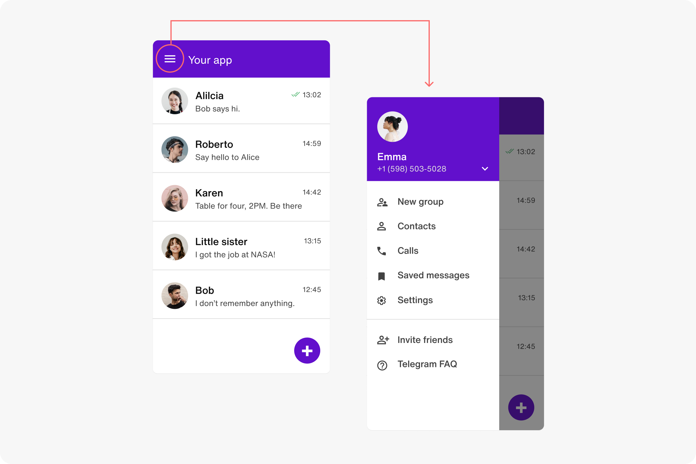An example of a hamburger menu with streamlined navigation and labels