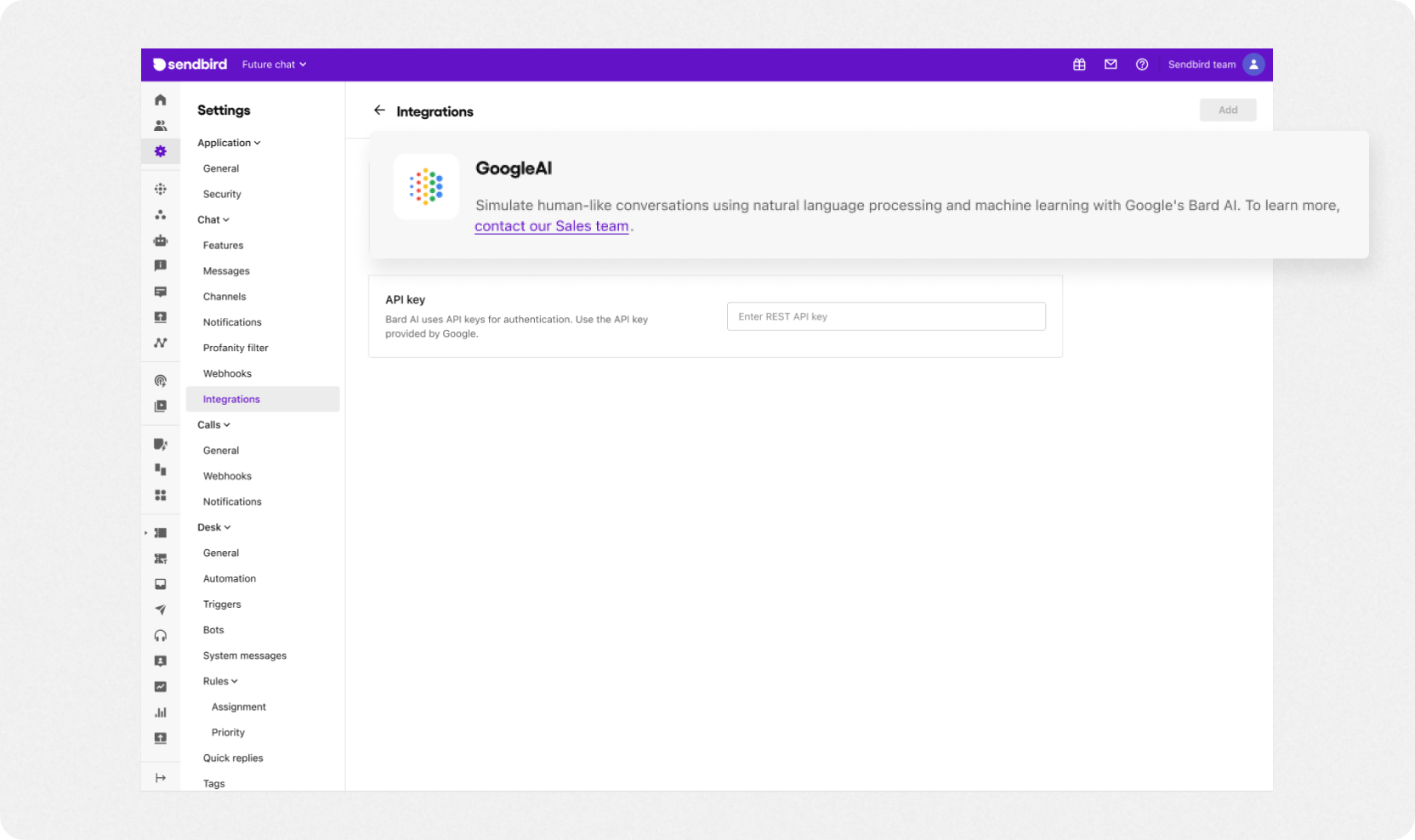 Sendbird integration dashboard for Google AI