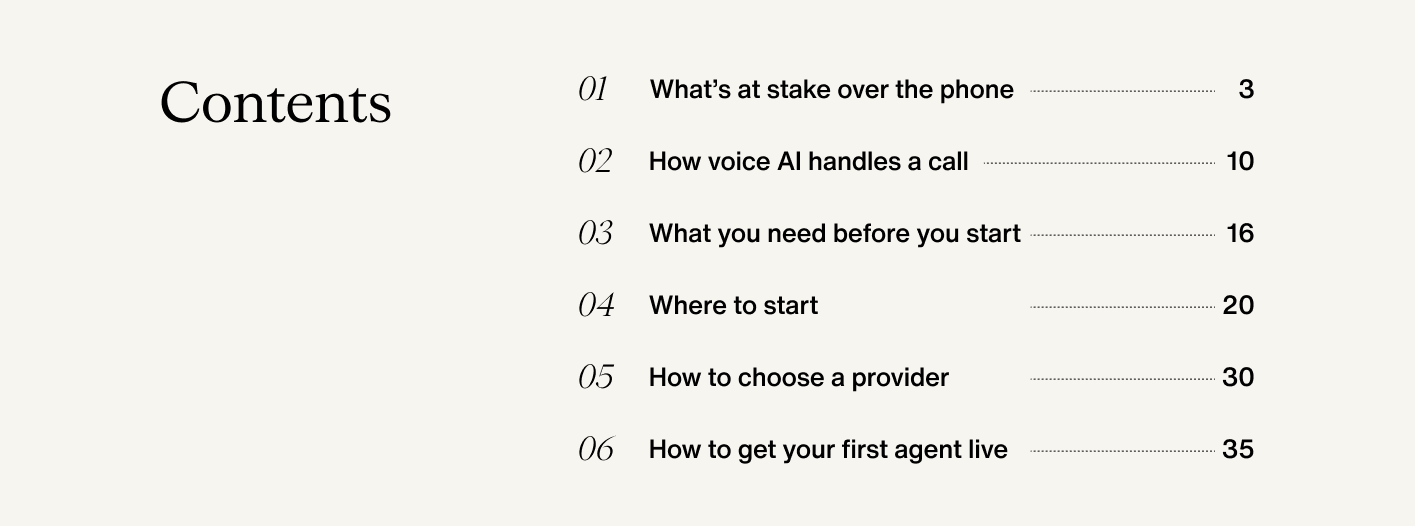 Table of contents for ebook: Getting started with voice AI for home services