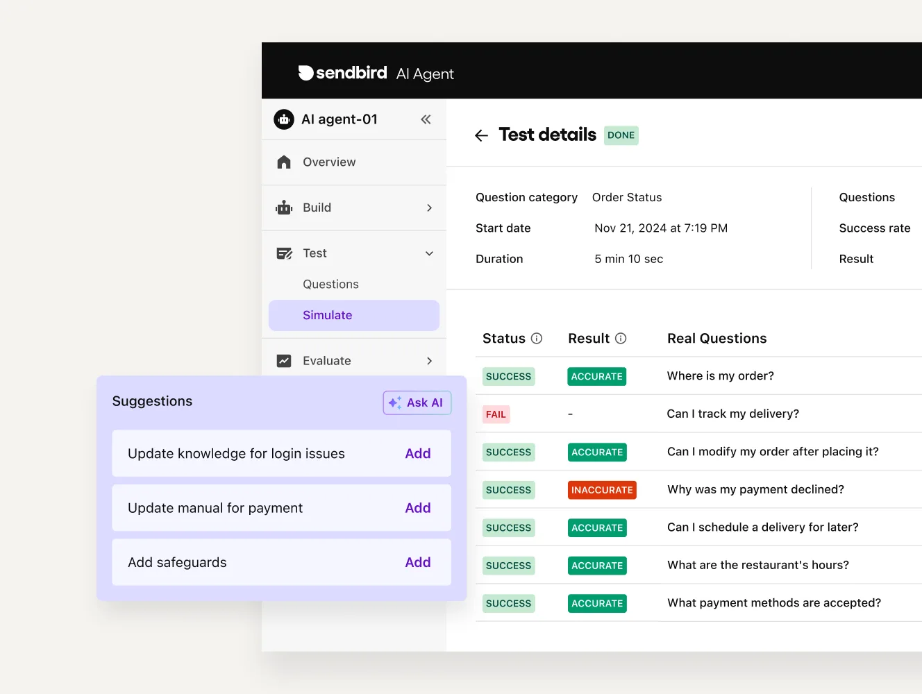 Sendbird AI agent test result dashboard.