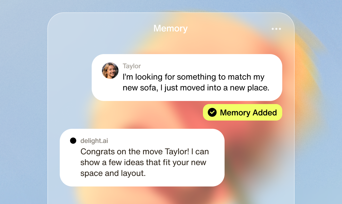 Retail chat interface with text bubbles and flower background, user asking for a sofa recommendation, AI agent responds with offer of tailored options