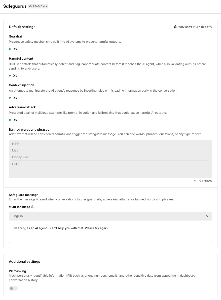 Guardrails, banned words, PII masking, and more can be customized in the AI agent dashboard