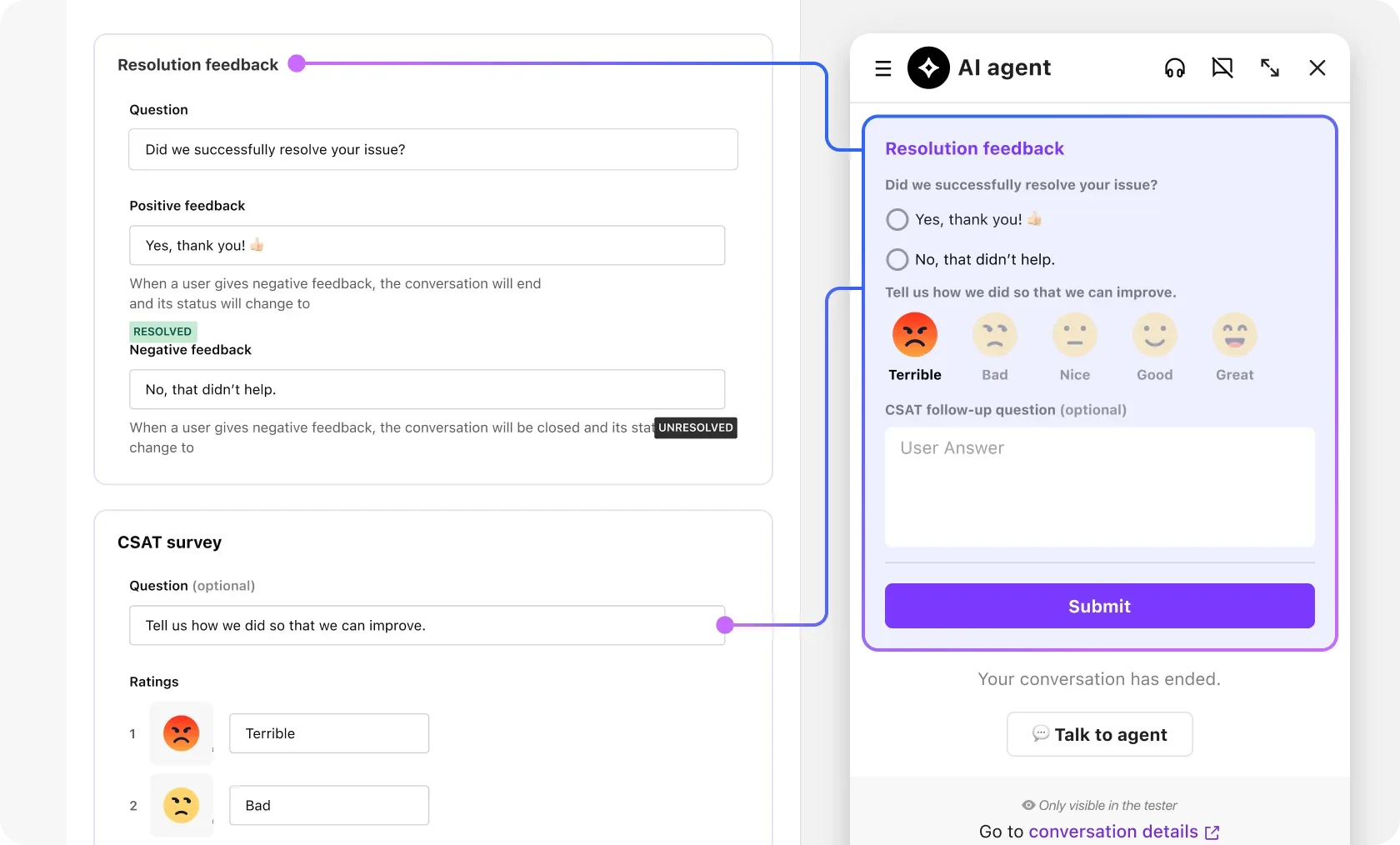 AI agent builder interface with customizable text boxes to embed customer feedback mechanisms in AI interactions
