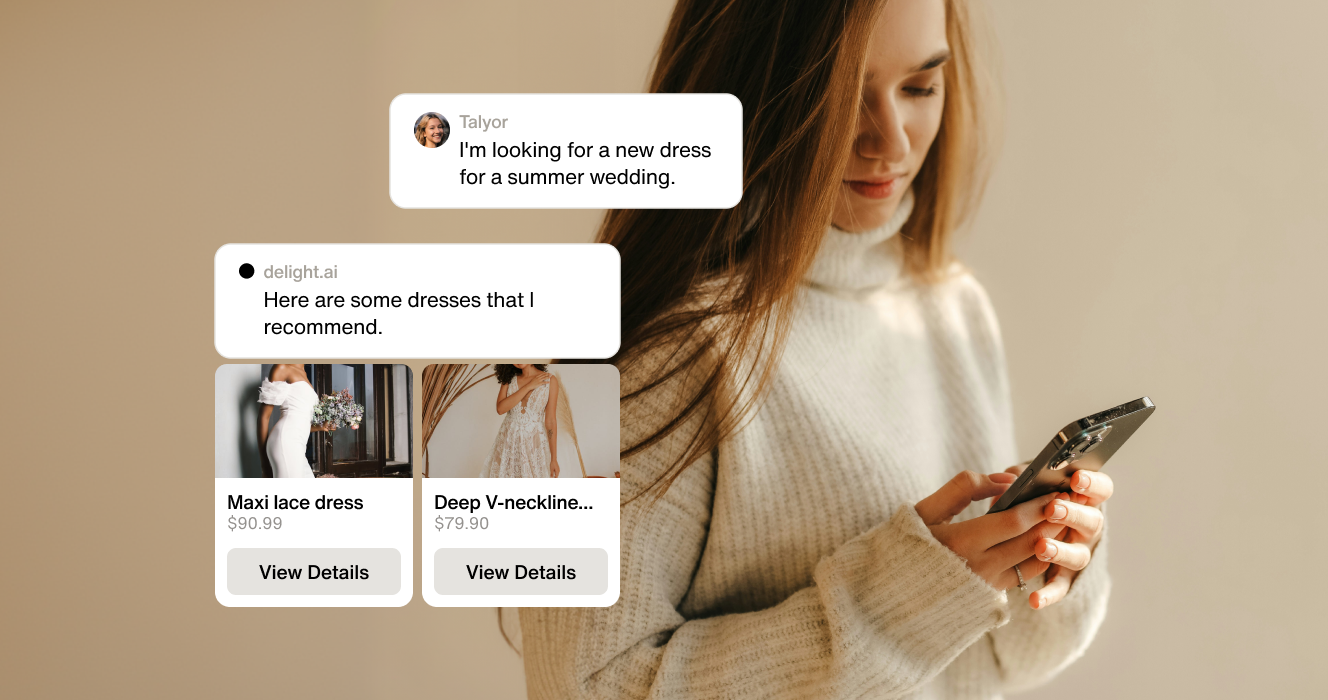 mobile retail customer searches for summer wedding outfits, receiving options in thumbnail insets with prices included