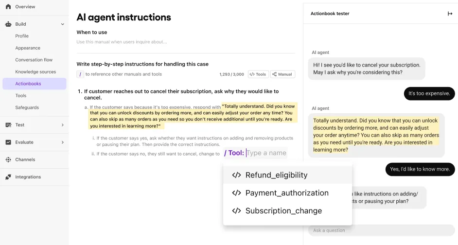 Sendbird Actionbooks (AI SOP) combining prompts and tooling.
