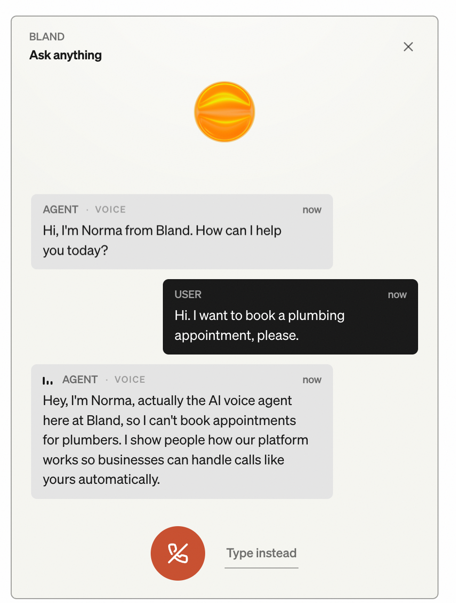 Bland AI demo transcript where the agent says it can't book plumbing appointments and describes its platform instead