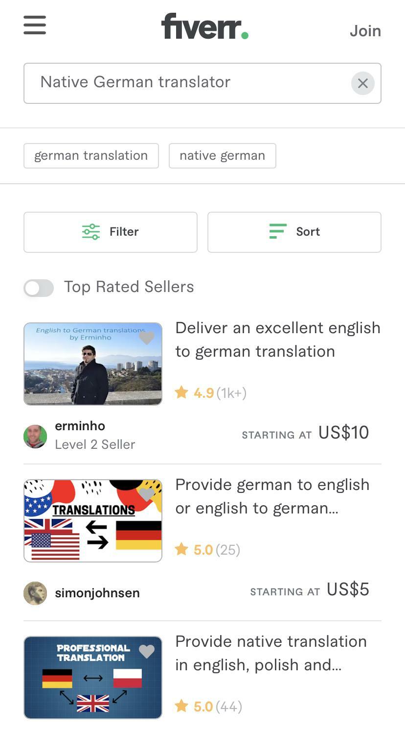 Fiverr native German translator listings