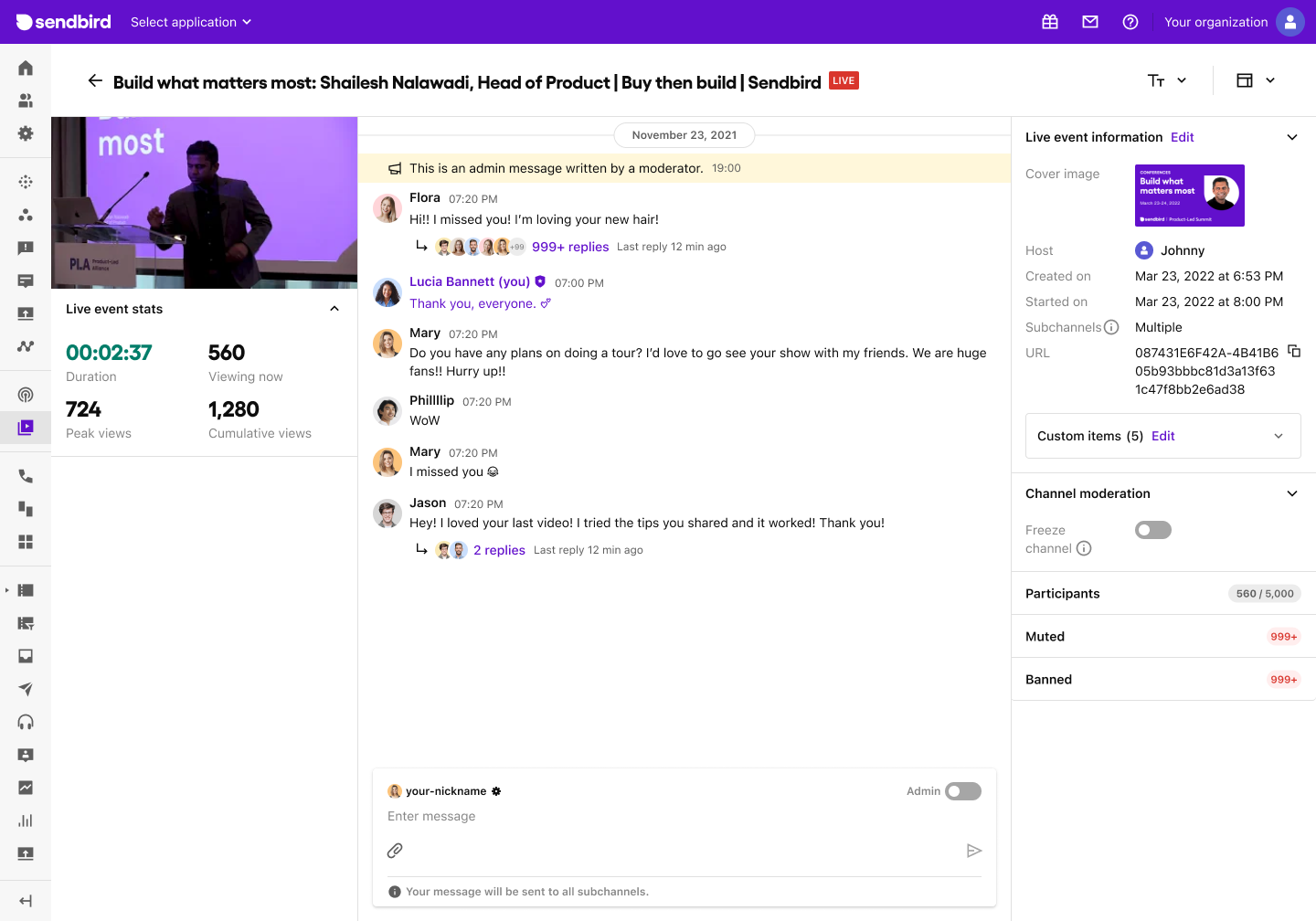 博客 Sendbird Live 管理界面
