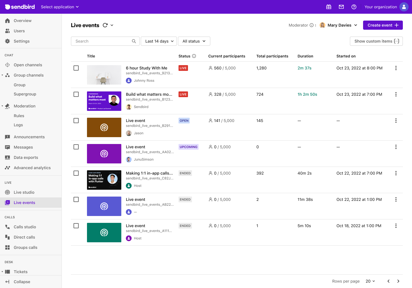 Blog Sendbird live events dashboard