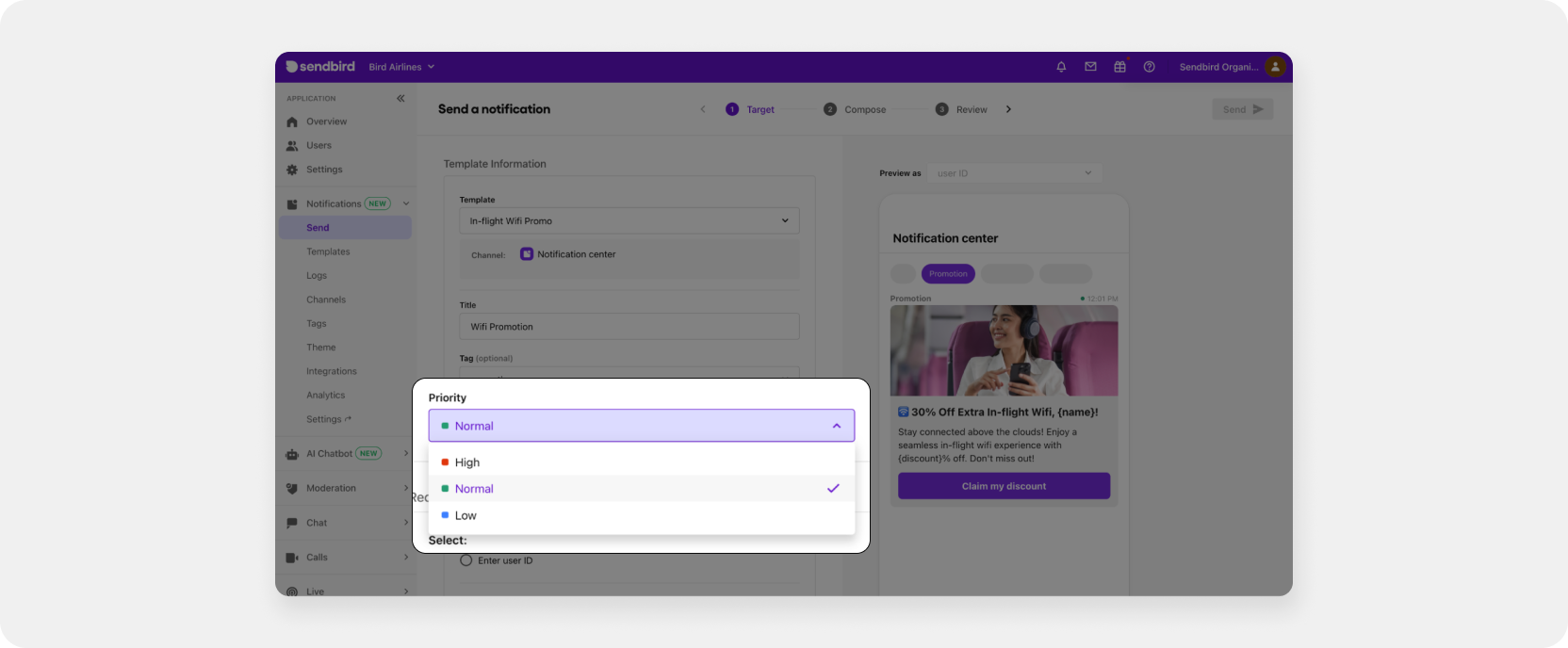 Notification batch in the Sendbird Business Messaging dashboard