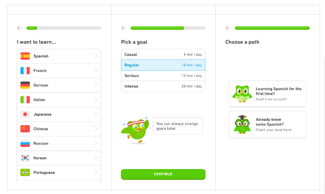 Images of Duolingo app onboarding