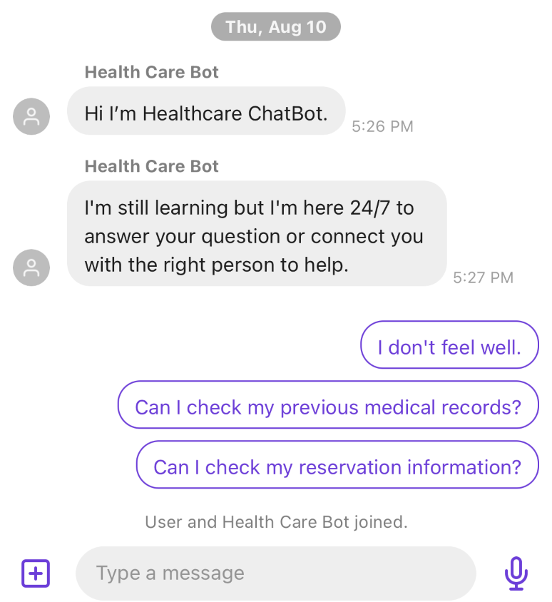 Mobile generative AI chatbot interface with a Welcome Message and Quick Replies