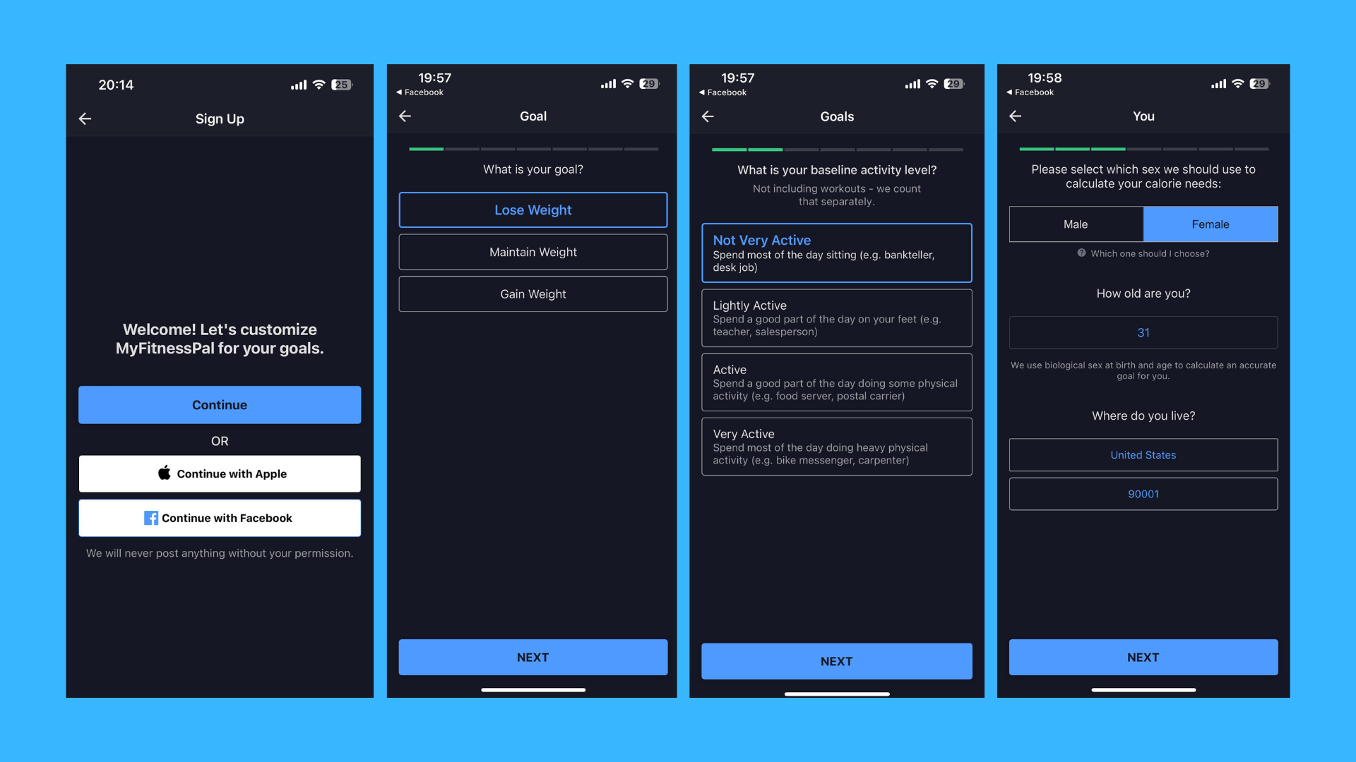 Images of MyFitnessPal app onboarding