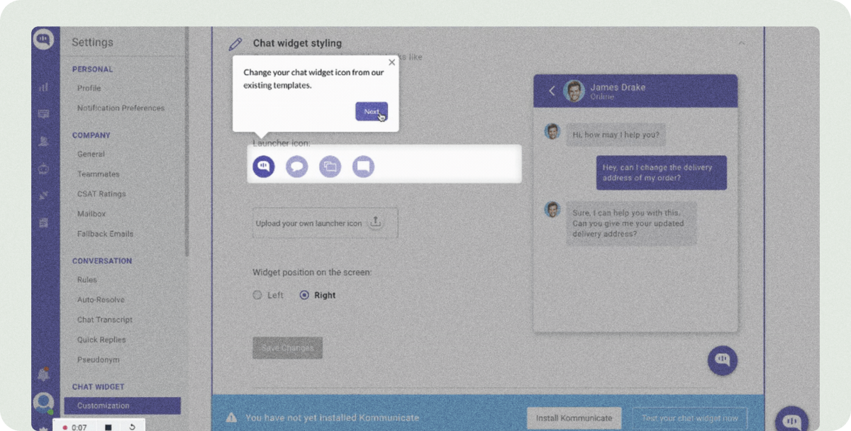 A window for chat widget styling