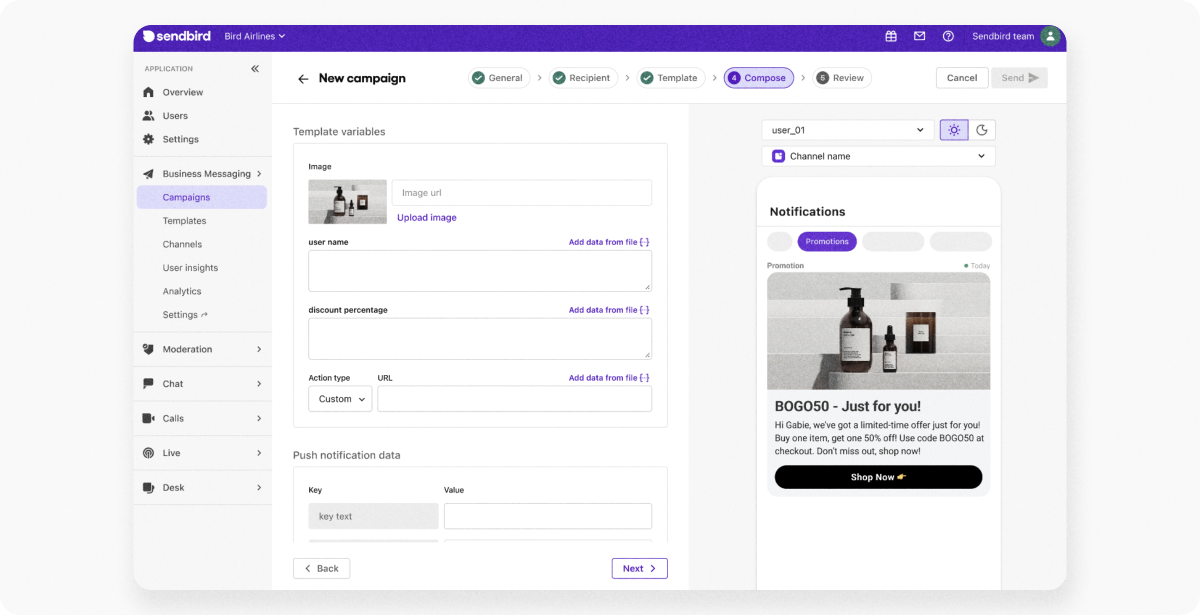 in-app communications platfrom creating in-app message