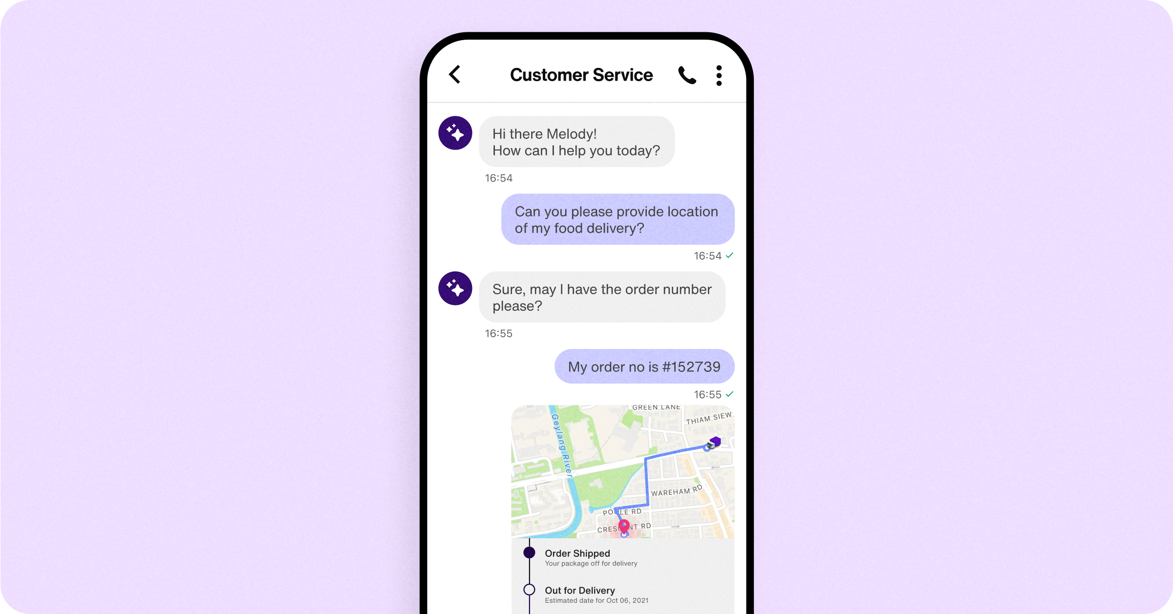 A customer service AI chatbot assists a user in a natural, conversational way