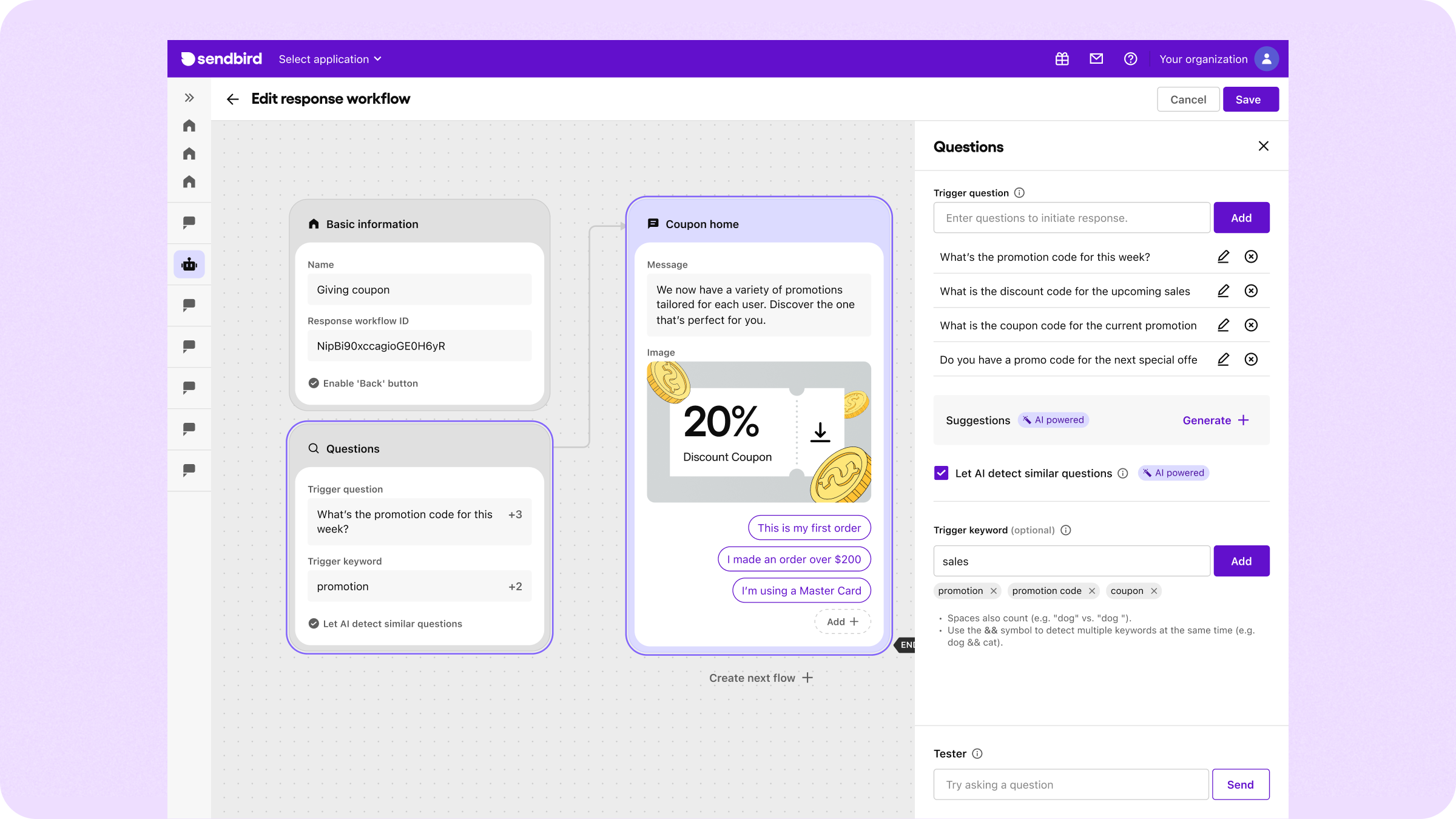 Response workflows in the Sendbird dashboard