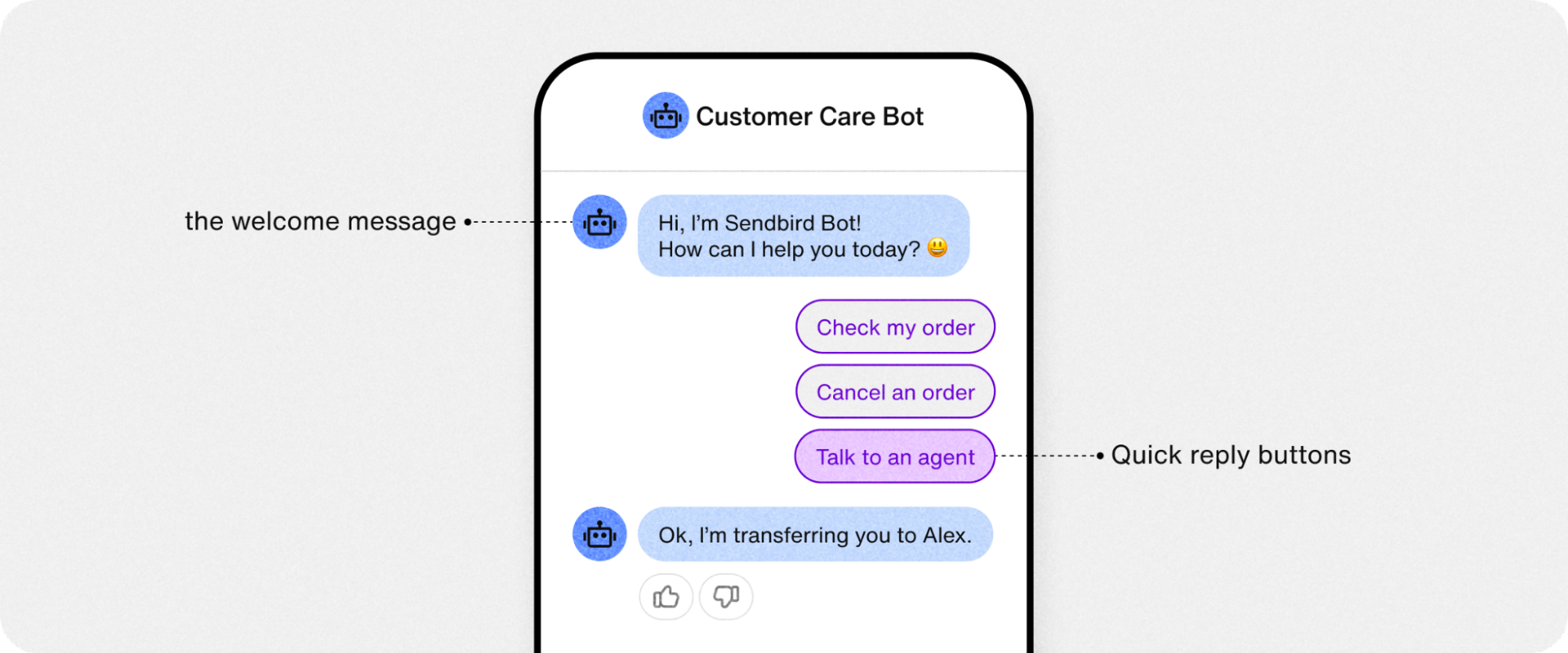 Welcome messages and quick-reply buttons in the chatbot interface