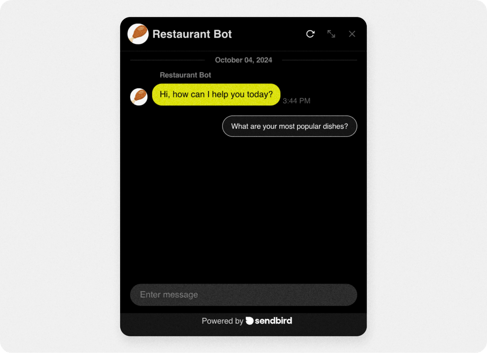 A welcome message and suggested reply in a restaurant chatbot interface