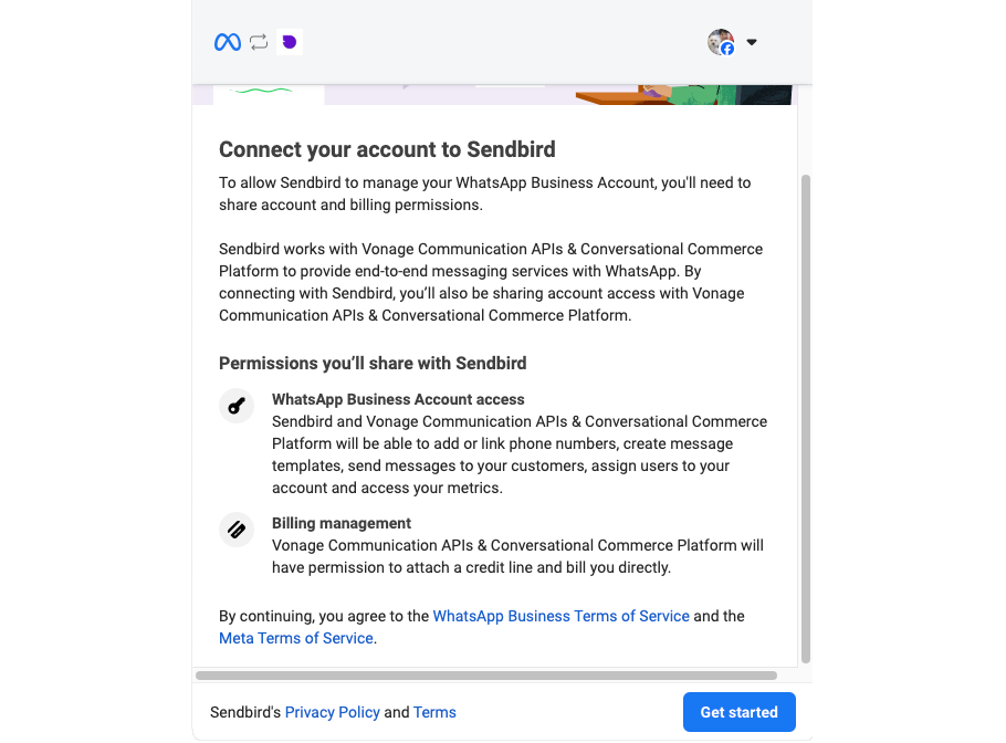 A user connects Sendbird to Meta