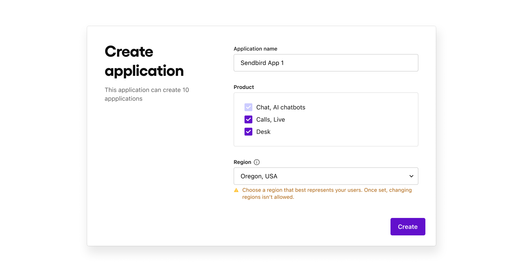 A user creates a new Sendbird application