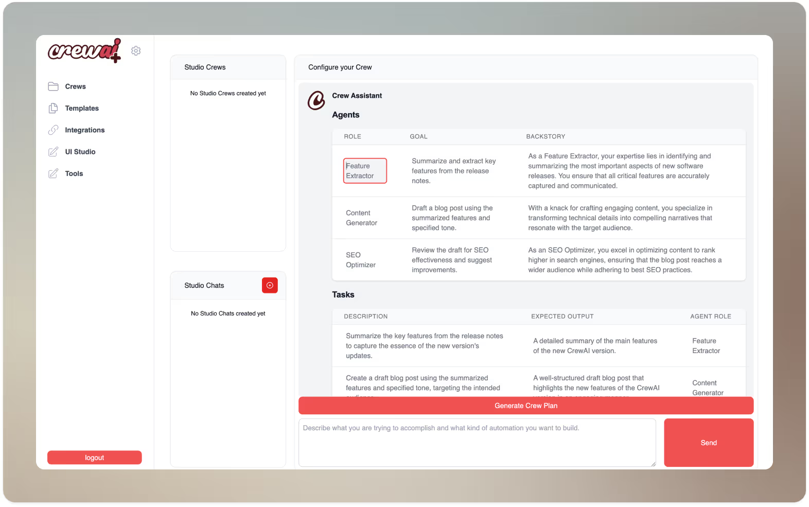 CrewAI AI agent builder showing natural language workflow creation in user interface