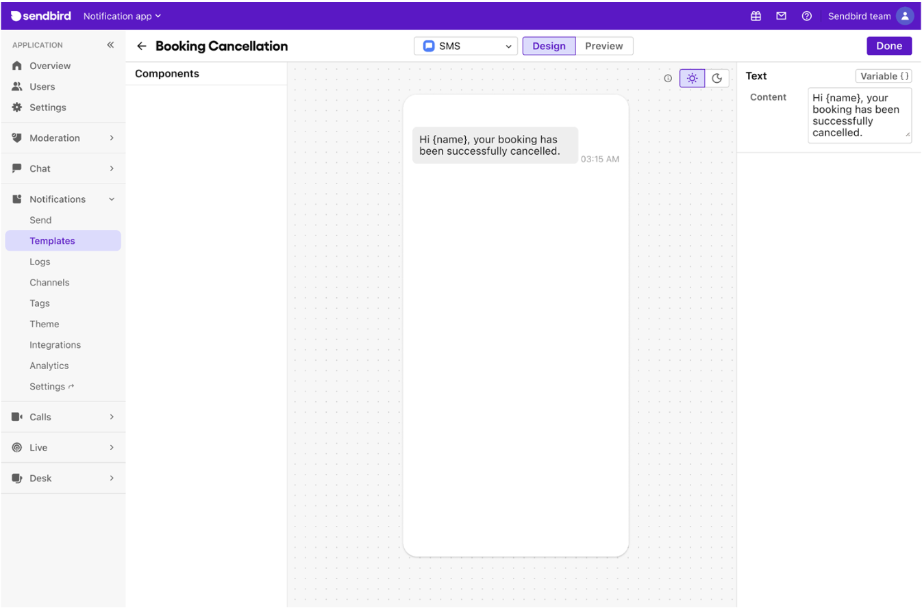 Customizing an SMS notification for a messaging campaign/outreach in the Sendbird Business Messaging dashboard