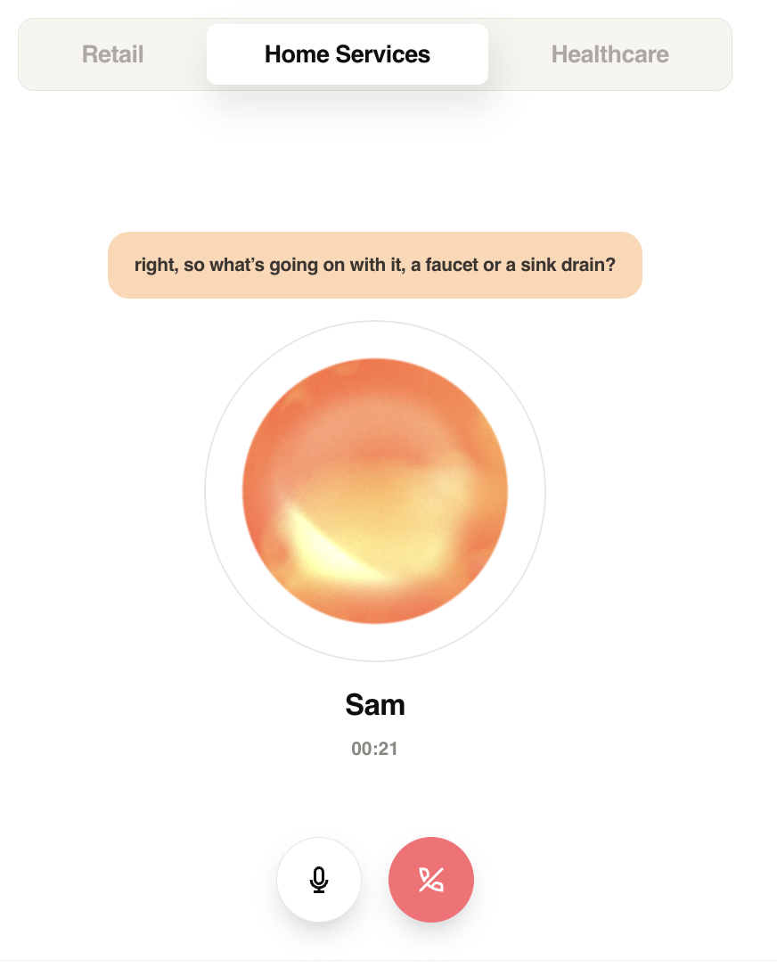 Delight.ai's AI voice agent demo asking whether the plumbing issue is a faucet or a sink drain before booking