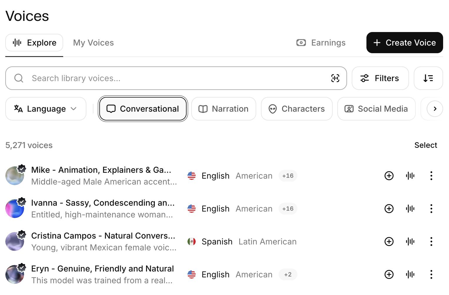 ElevenLabs voice library listing prerecorded conversational voices with language and accent filters