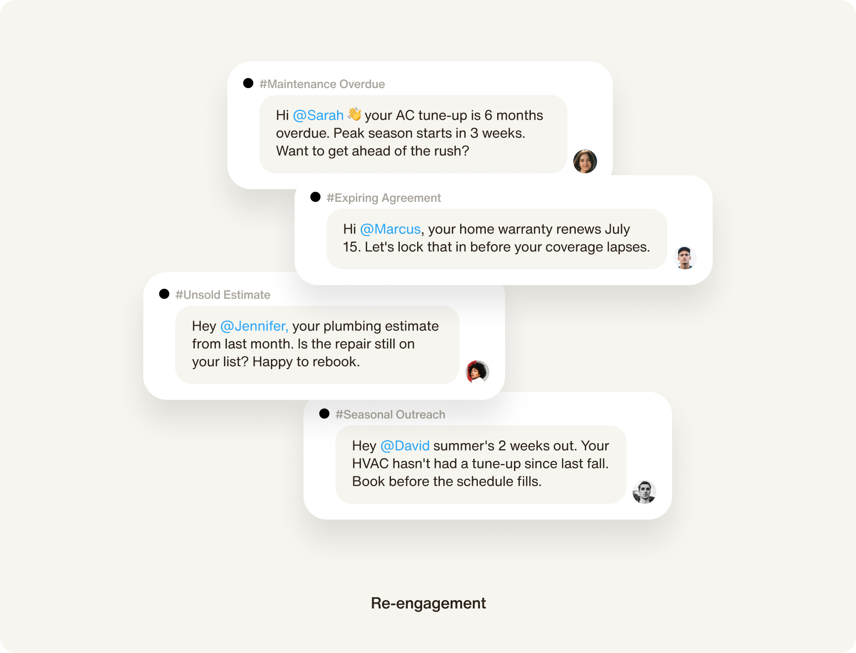 Every closed job creates the next re-engagement opportunity your CSR never has time for.