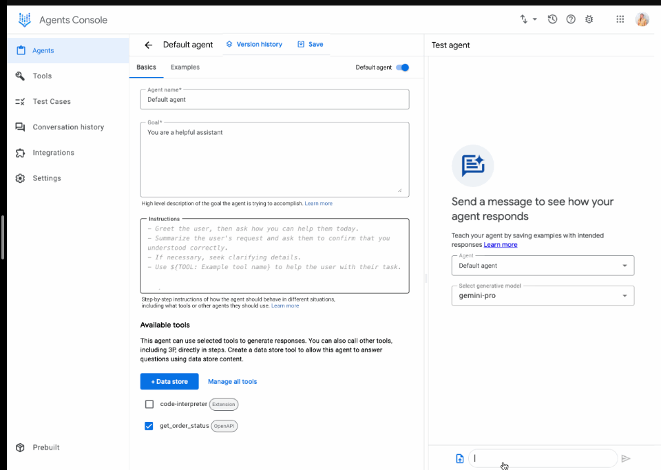 Google Vertex AI agent builder showing natural language workflow creation in white interface