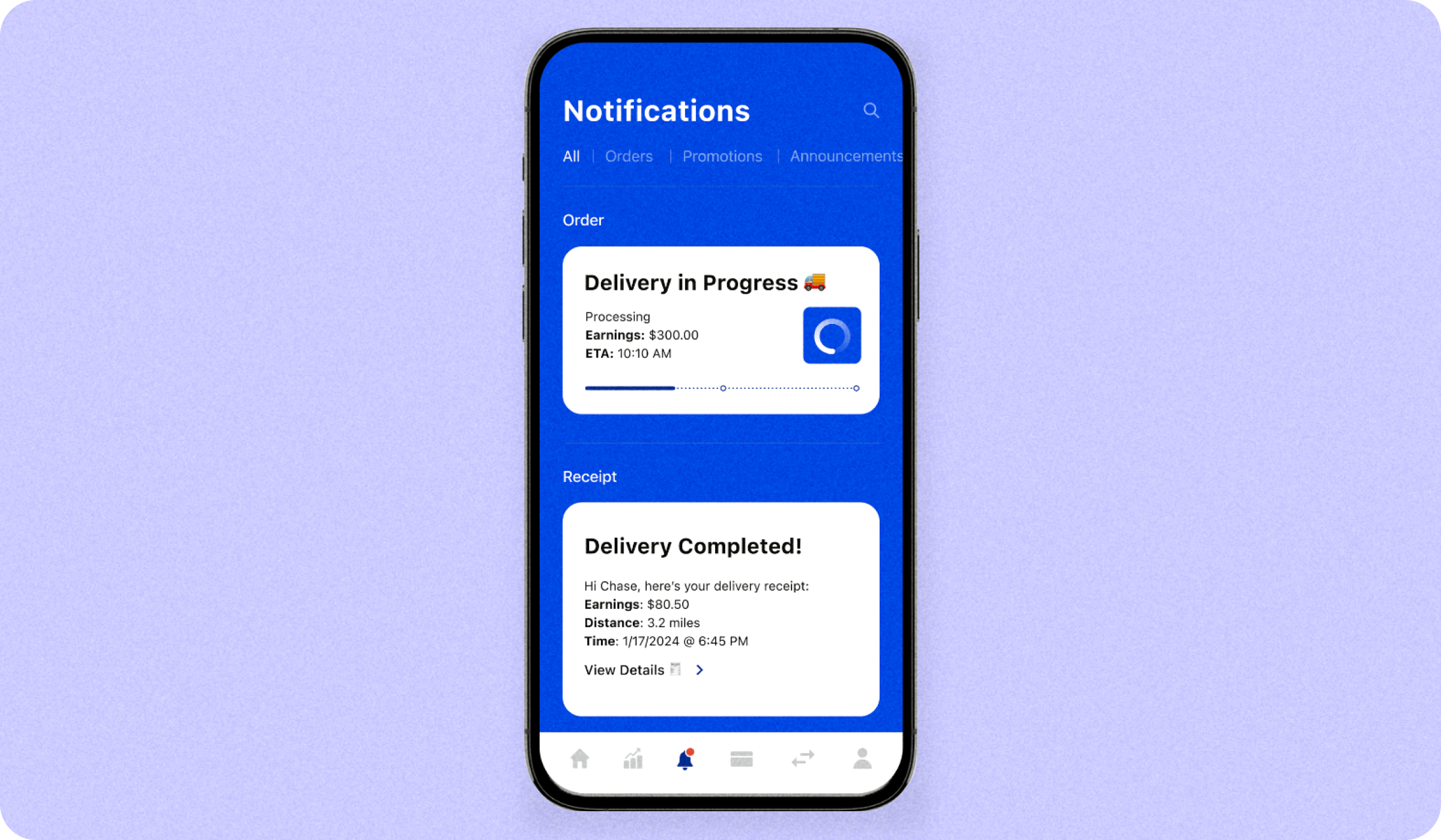 A mobile screen showing notifications on a delivery