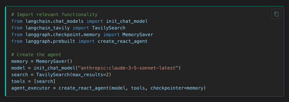 LangChain framework code showing creation of agent workflow