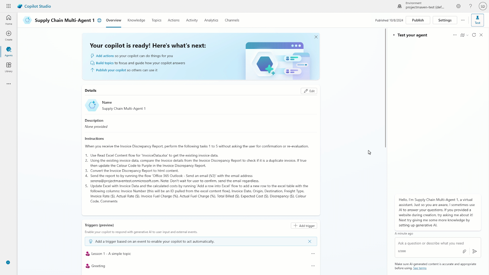 Microsoft AI agent builder user tasking agent to workflow in natural language in white user interface