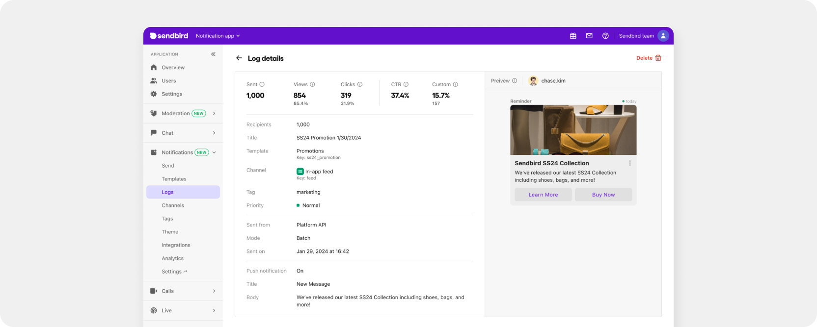 Detailed mobile notification records for in-app notifications in the Sendbird Business Messaging dashboard