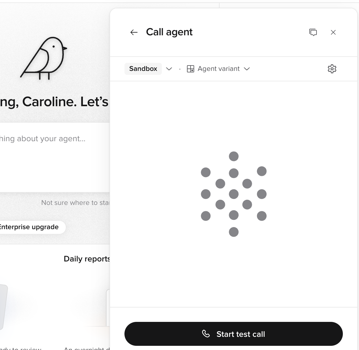 PolyAI agent builder showing a sandbox test call panel with a Start test call button