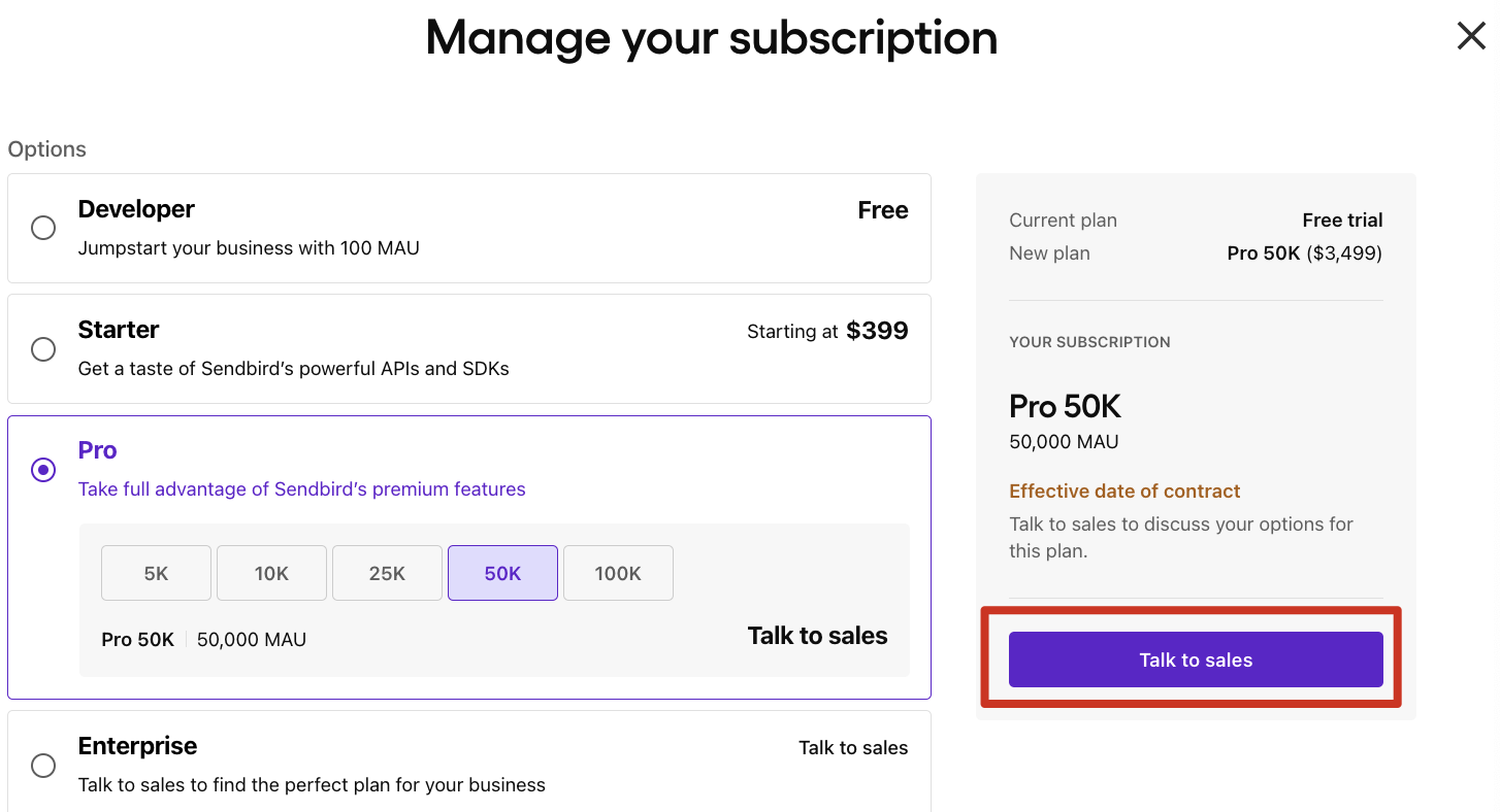 Pricing talk to sales button