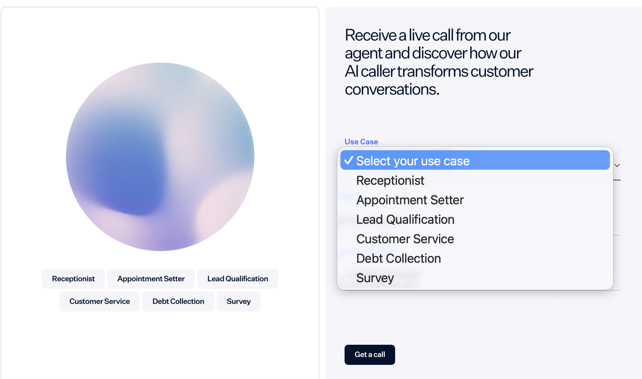 Retell AI demo asking callers to pick a use case, like receptionist or appointment setter, before it places a call