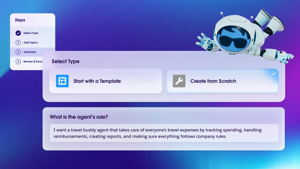 Salesforce AI agent builder showing user in process of natural language workflow creation on purple background