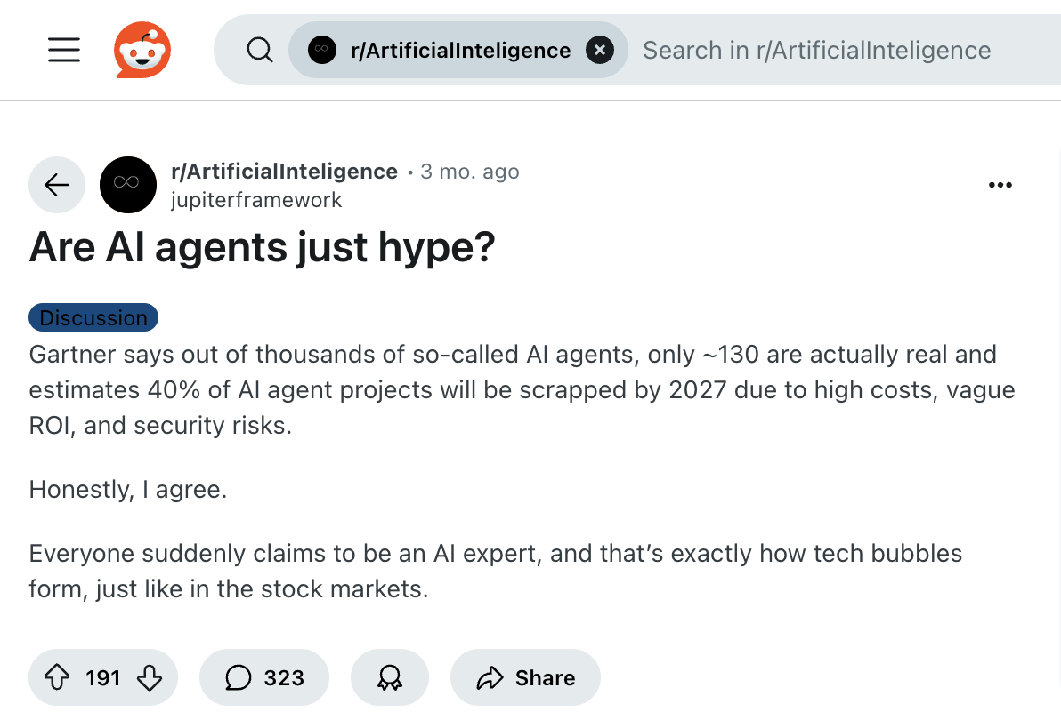 Reddit query if AI agents are just hype, answered by Sendbird