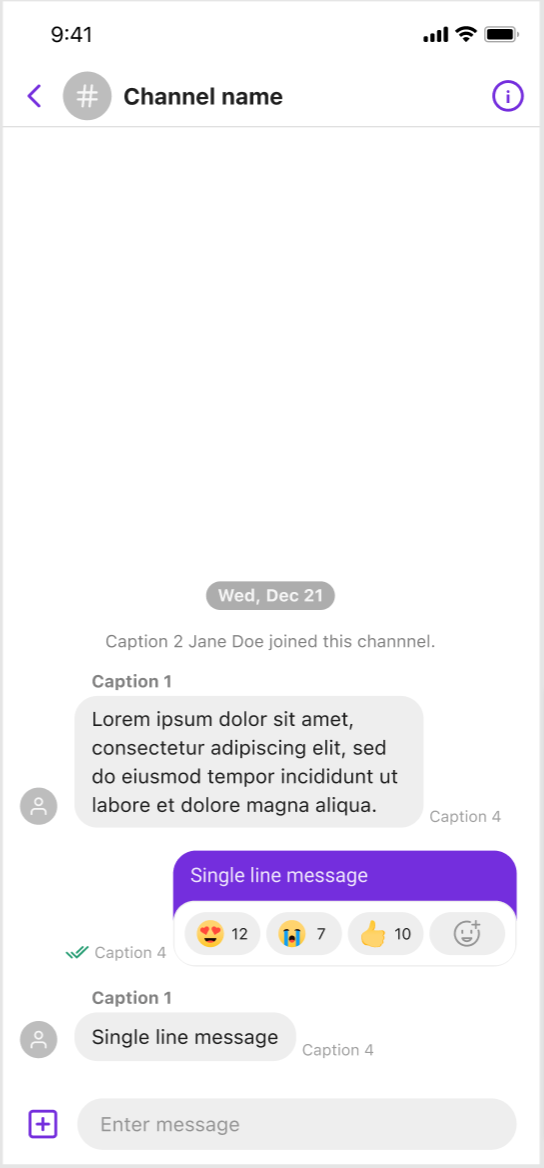 Figure 5: Message reactions, channel joining information, and read receipts