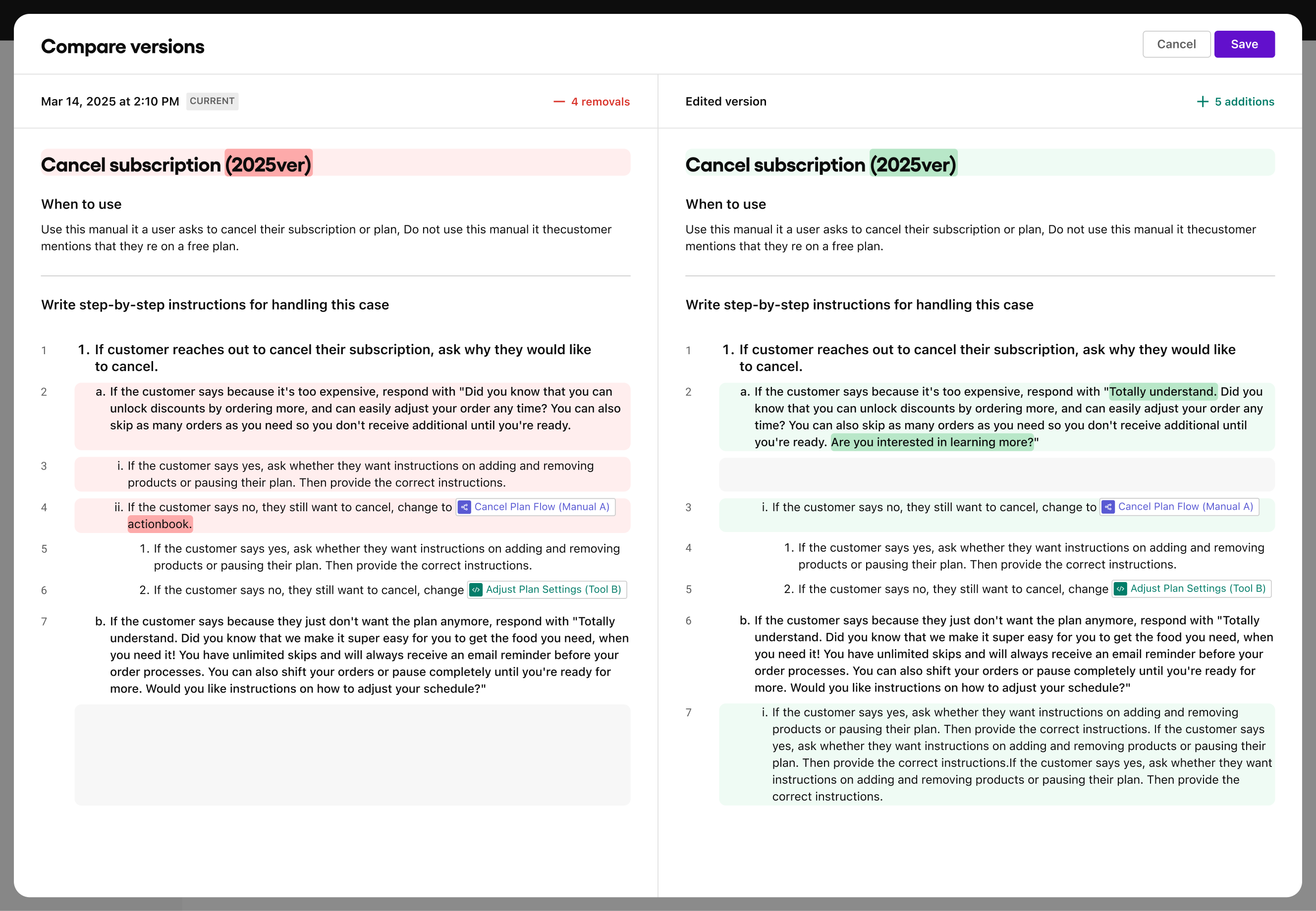Side-by-side comparison of changes an AI agent operating procedure
