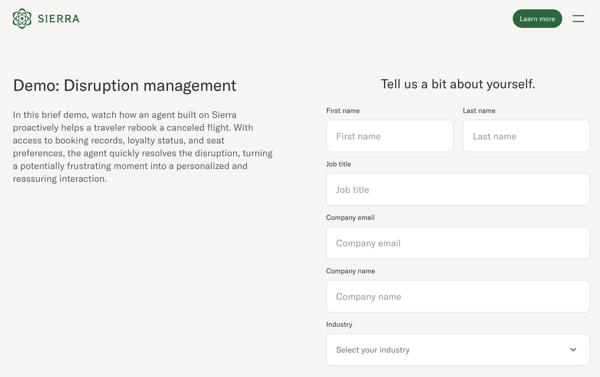Sierra demo page that asks for name, job title, and company email before showing a recorded demo