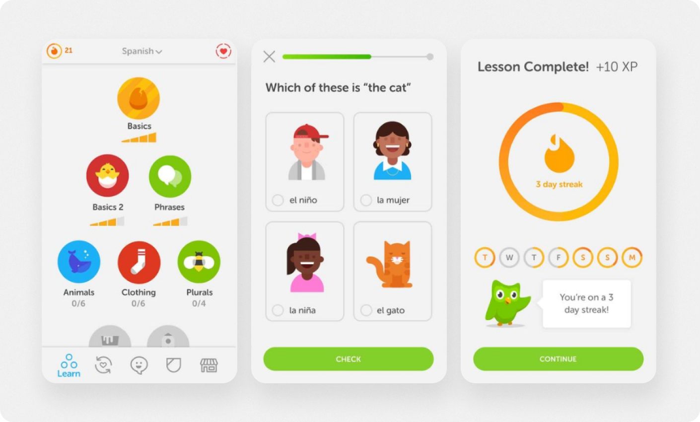 Duolingo uses badges, leaderboards, and streaks to entice a habit of app usage and increase mobile app engagement.