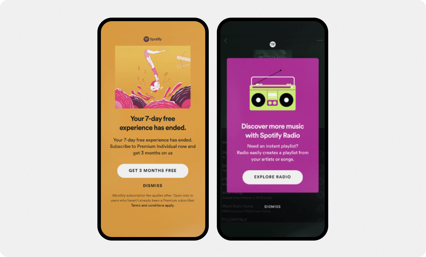 Spotify uses in-app notifications to encourage feature use for its Spotify Radio feature