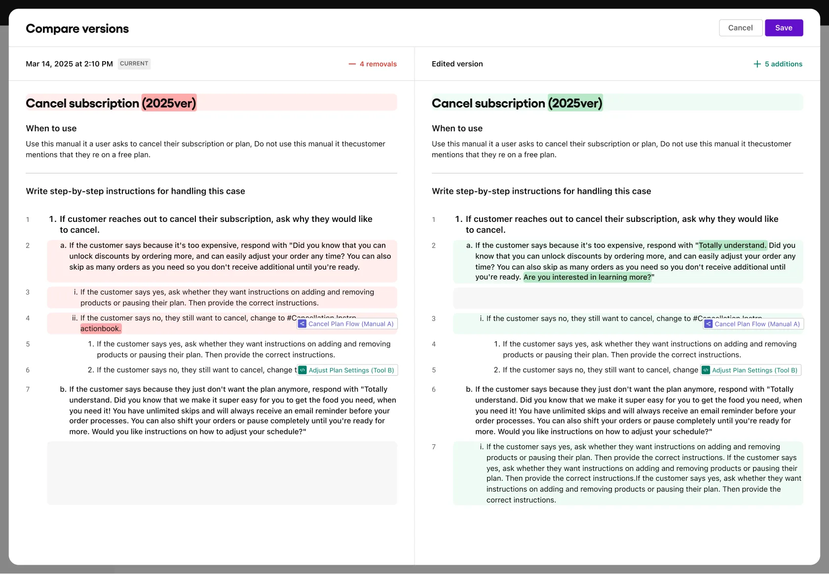 Side-by-side comparison of changes to your AI agent’s operating procedures