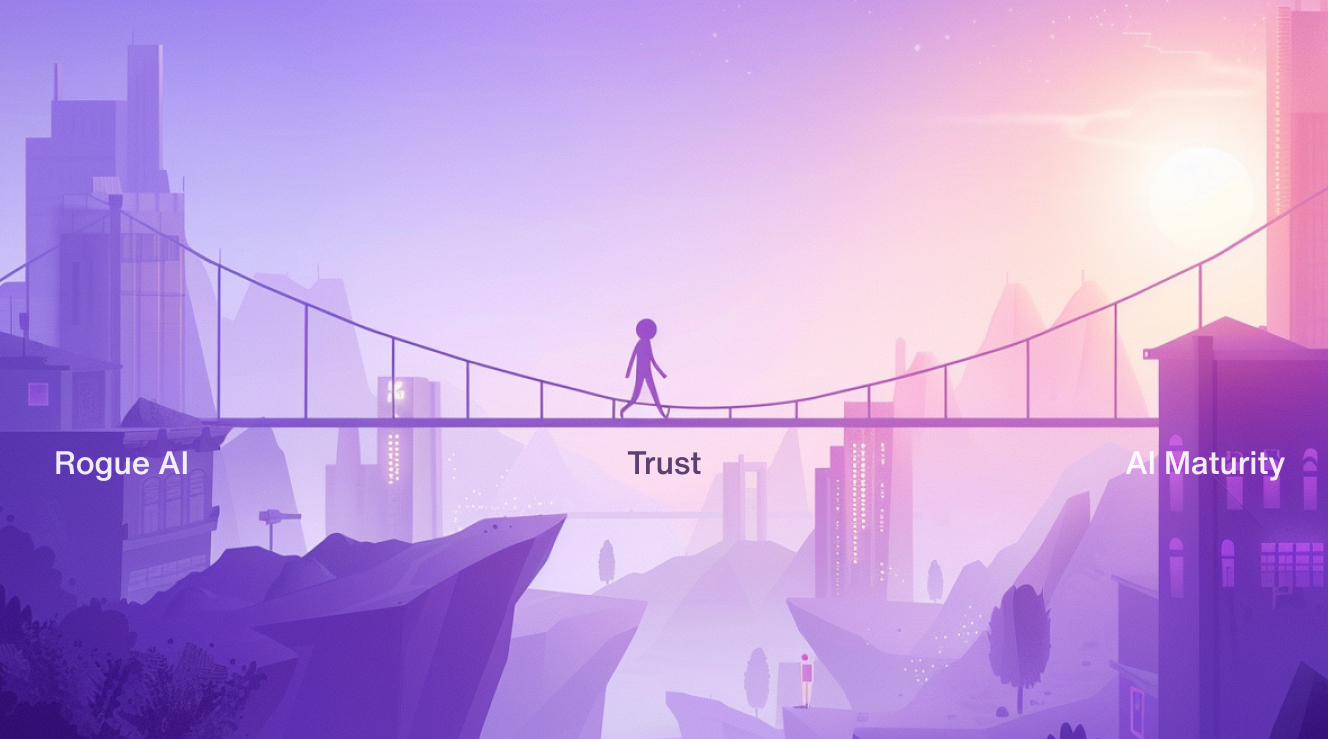 Trust personified as a person walking on a bridge between rogue AI and AI maturity