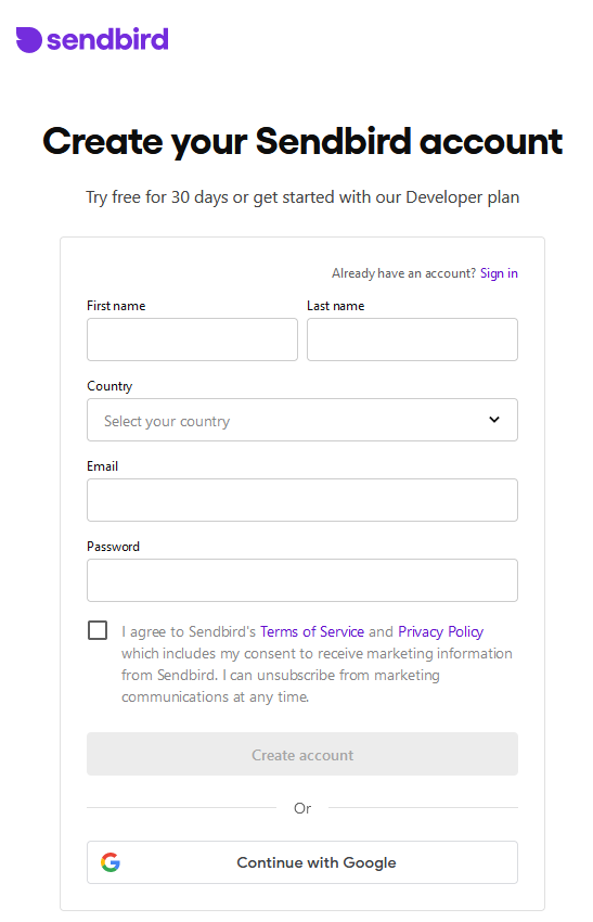 Create your Sendbird Account dialog window